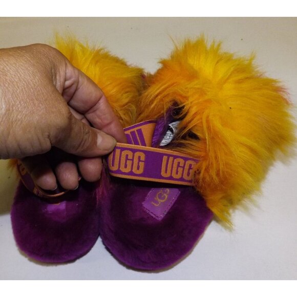 UGG Girls Fluffy Oh Yeah Fuzzy Slippers Size 13 Purple Yellow Faux Fur - Picture 7 of 8